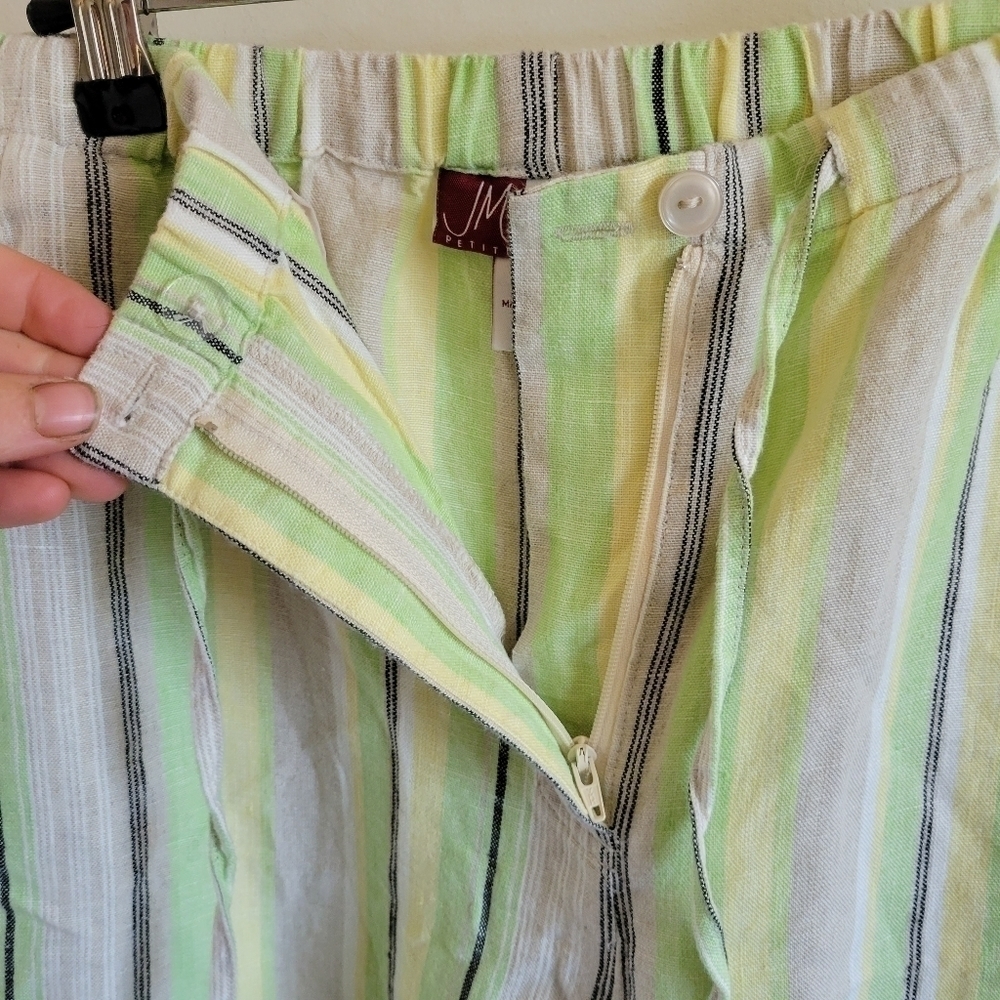 JENNIFER Moore 100% Linen Wide Leg Pant Cropped Tan Green Stripe 8 Petite Medium - Picture 2 of 9